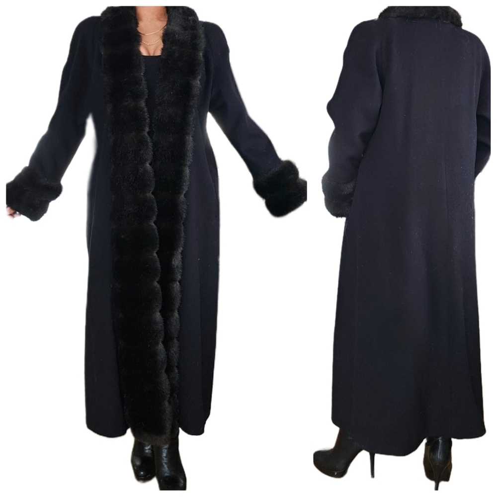 Vintage Wool & Vegan Fur Full Length Long Black Alorna Faux Fur Penny Lane Coat - Picture 2 of 7